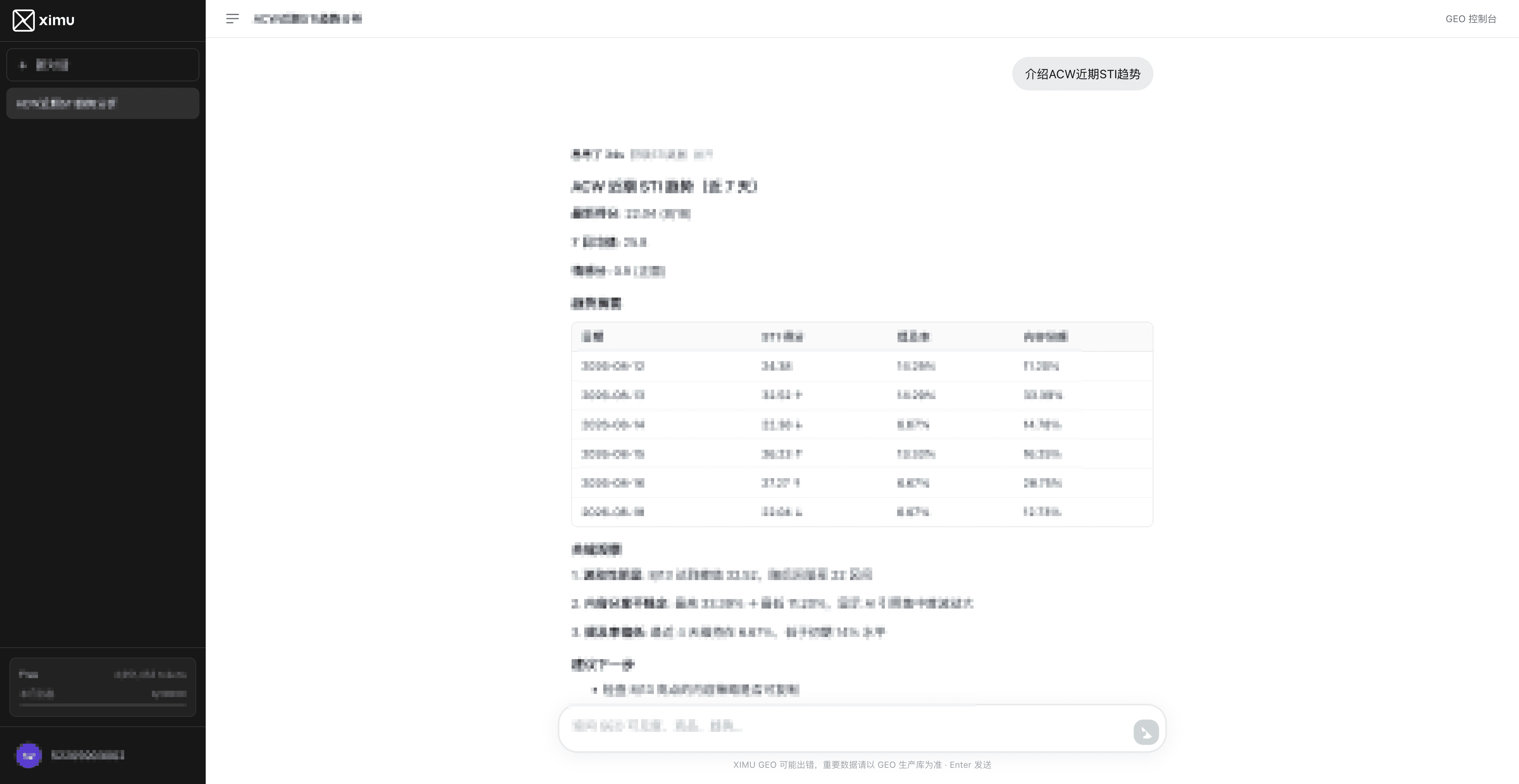 ximu Agent — analyzing trends and driving optimization via conversation in the GEO console